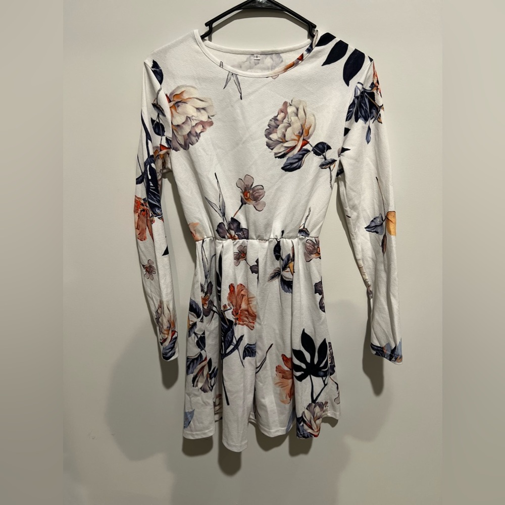 White floral dress mid length with elastic waist